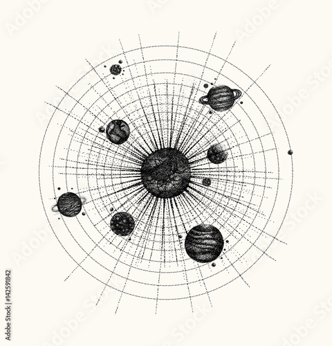 solar system in dotwork style. planets in orbit. vintage hand dr