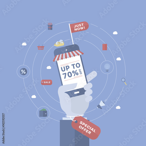 Sale background with hand holding device. 