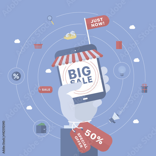 Sale background with hand holding device. 