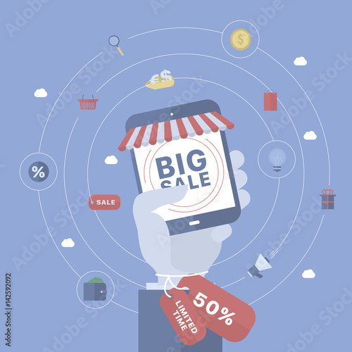 Sale background with hand holding device.