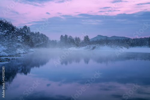 Morning fog over Lebed (Swan) river, near the village Turochak, Altai Mountains, Siberia, Russia © George