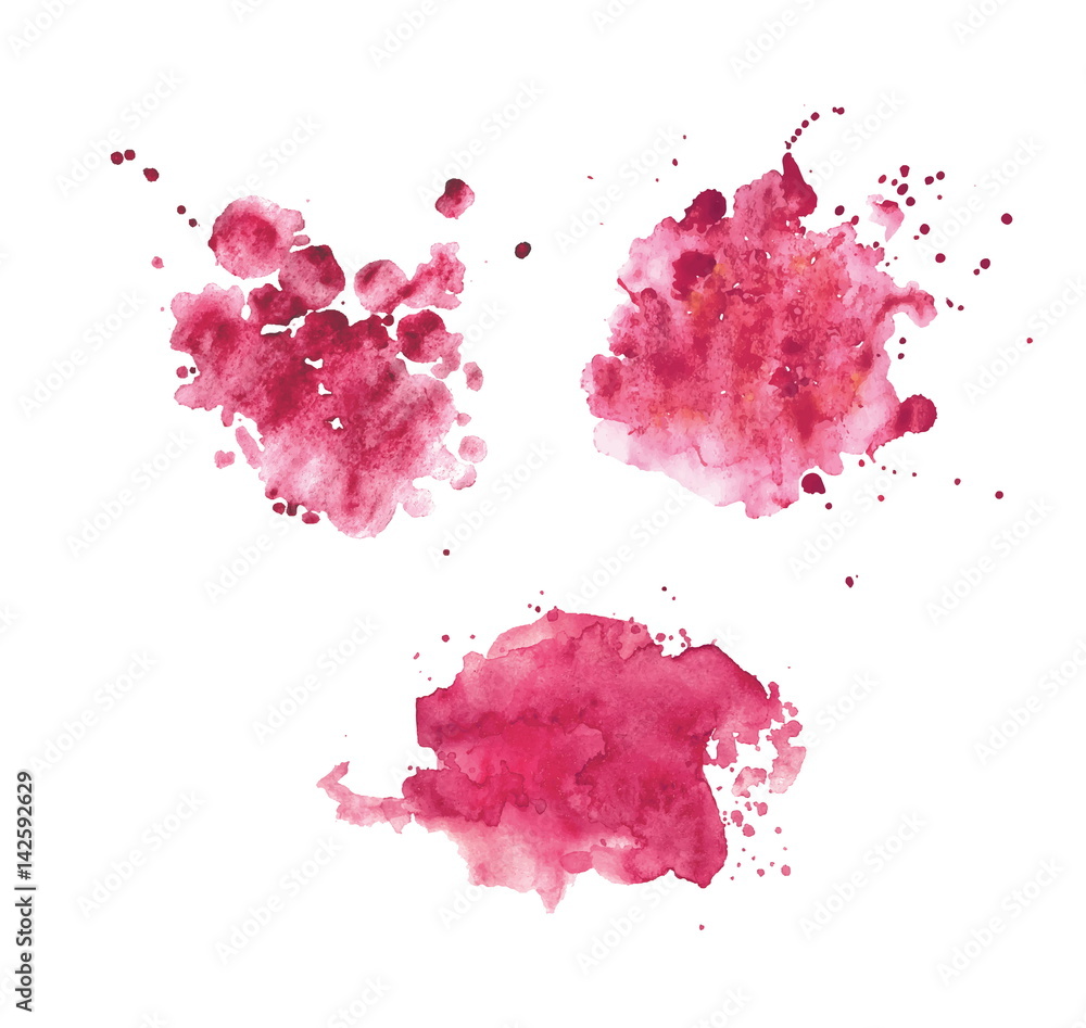 Pink realistic watercolor spots set.