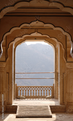 Balcony, architectural detail of Amber Fort in Jaipur, Rajasthan, India