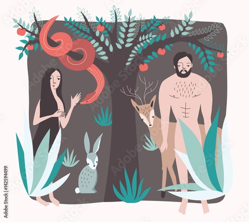 First people. Vector illustration lost paradise flat style. Adam and Eve in garden of eden with snake, animal, apple tree.