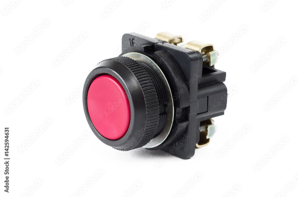 Red push button switch on white background