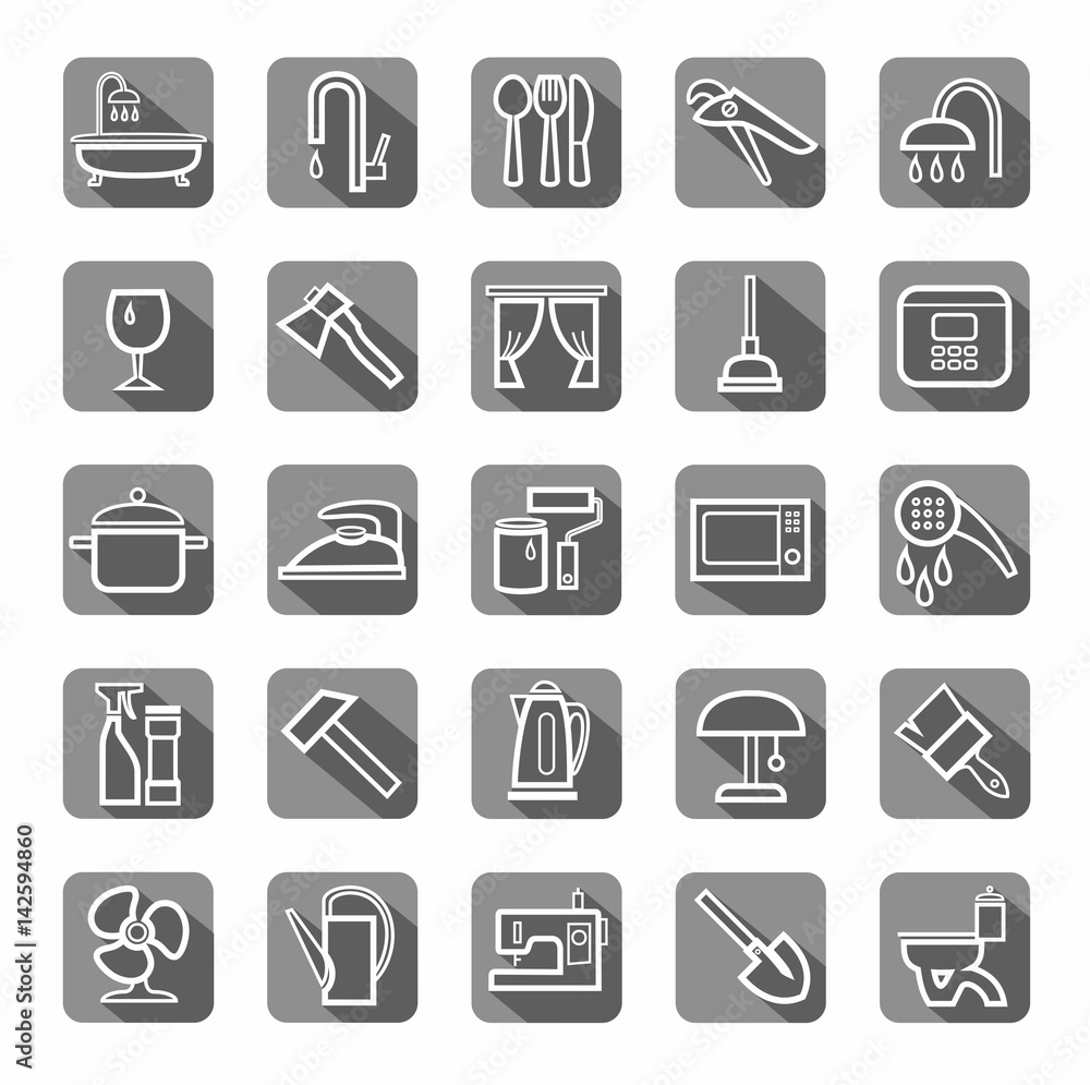 Household goods, tools, appliances, icons, flat, vector. The white contour drawings on gray background with shadow. Vector clip art. Household goods, tools, appliances, icons, flat, vector. The white contour drawings on gray background with shadow. Vector clip art.