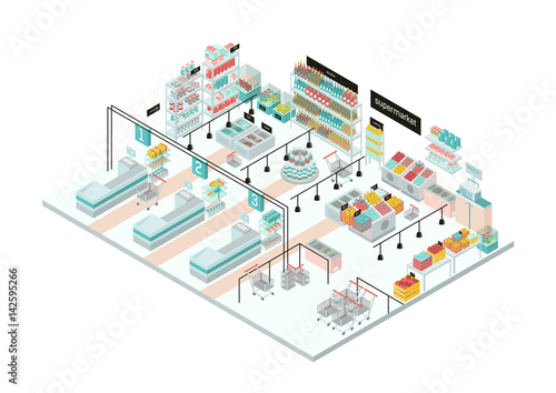 Supermarket interior. Grocery store. Colorful isometric illustration.