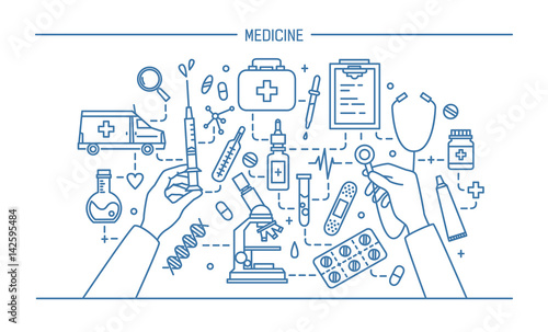 medicine lineart banner. contour vector illustration
