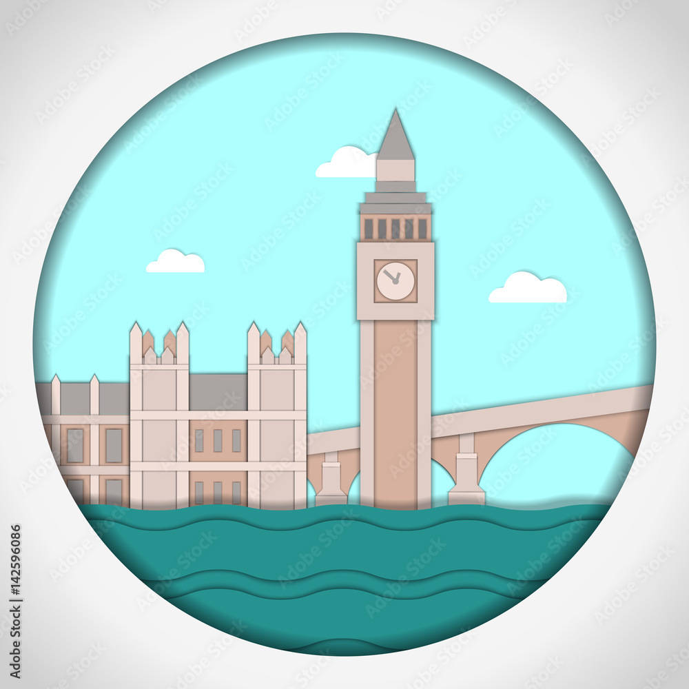 Fototapeta premium Paper applique style vector illustration. Card with application of Big Ben Tower and Westminster Palace. London.Postcard.