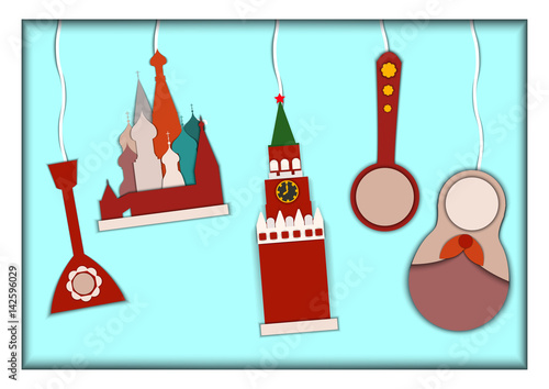 Paper applique style vector illustration. Card with application of St. Basils Cathedral, Kremlin, Nesting Doll Matreshka, Wooden National Spoon and Balalaika photo