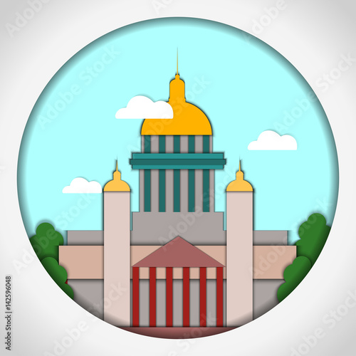 Paper applique style vector illustration. Card with application of St. Isaac Cathedral, St. Petersburg. Postcard.