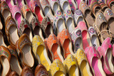 Display of traditional shoes at the street market in Jaipur. Jaipur is the capital and the biggest city of Rajasthan, India 