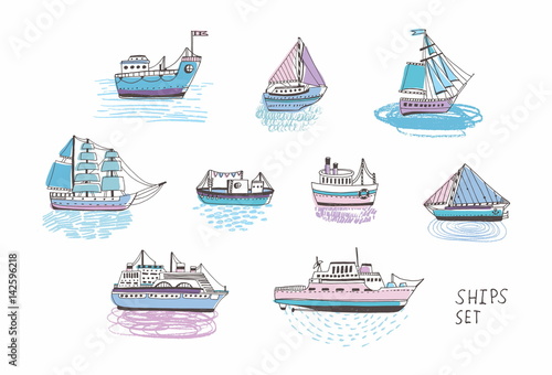 Set of different isolated doodle ships, yachts, boats, sailing craft, sailboa...