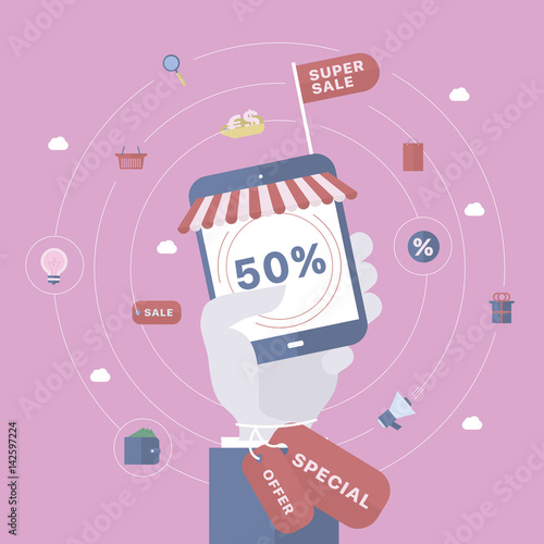 Sale background with hand holding device.