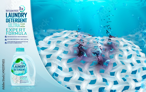 Laundry detergent ads, deep clean design. Ultra clean and fresh, deep clean effects, fibers, water drops, dirt. Drawn elements,3d vector illustration, mock up, realistic colorful background.