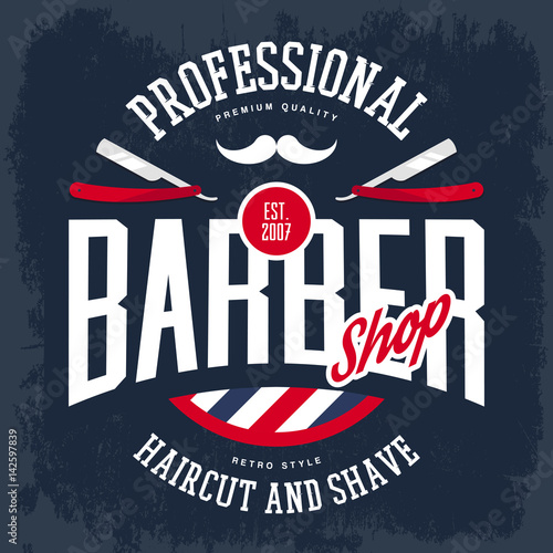 Razor and mustache on barbershop logo or sign