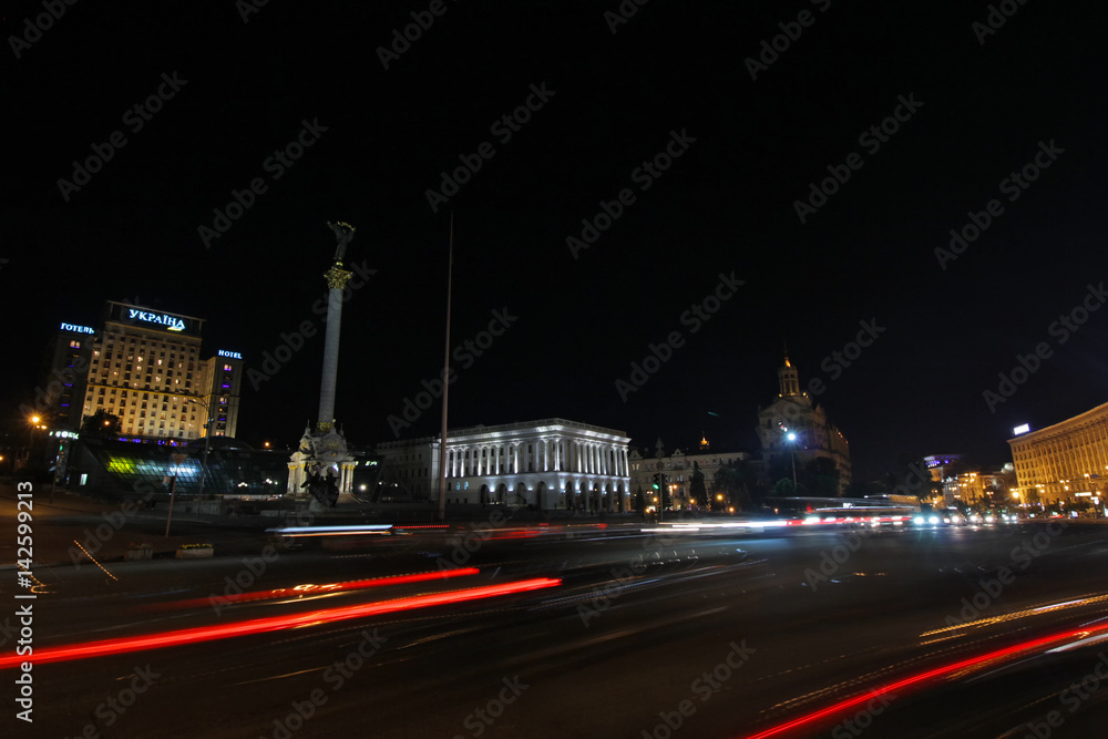 Night traffic on the Independence Square. Kiev, Ukraine