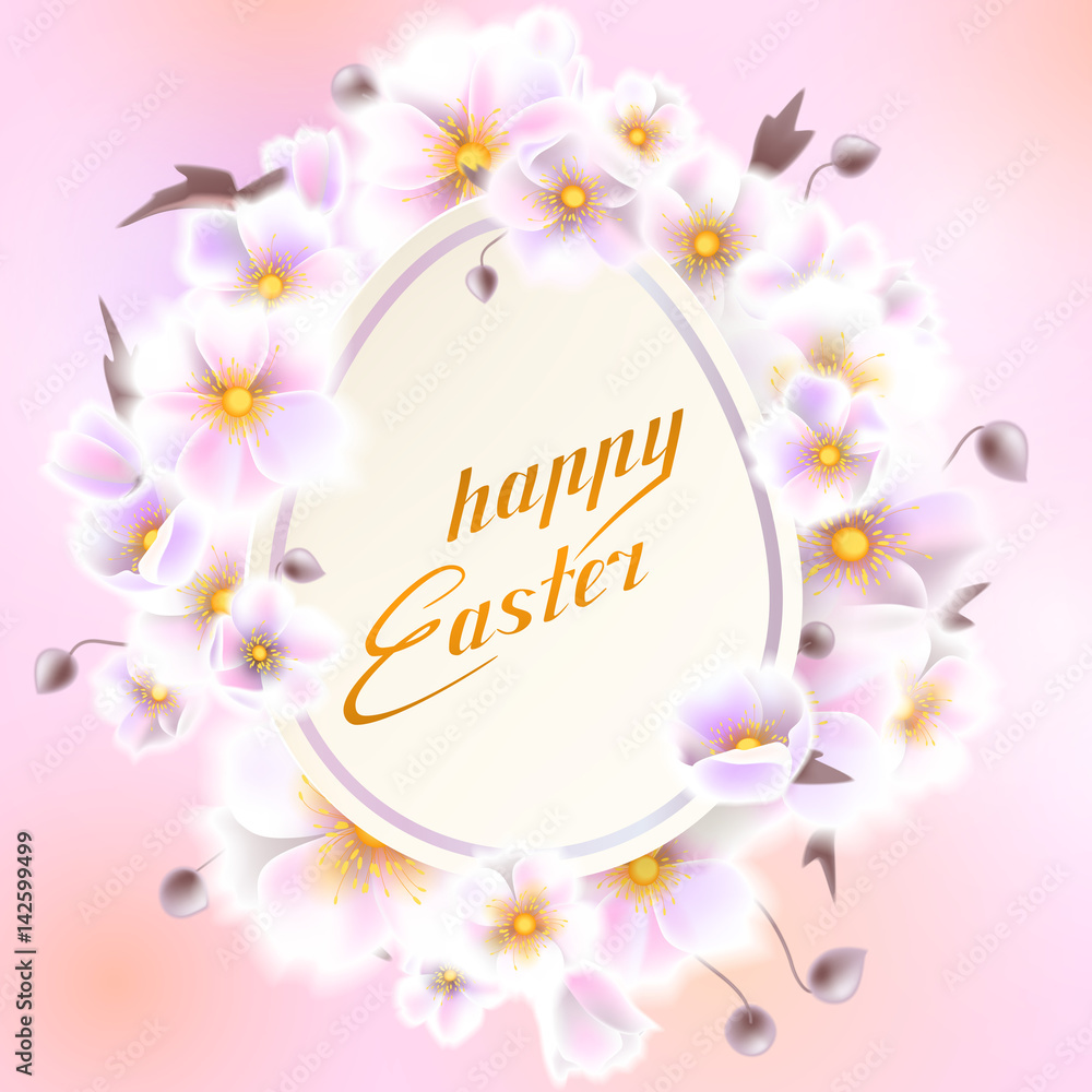 Happy Easter card with eggs, spring flowers, lettering, calligraphy. Vector illustration EPS10