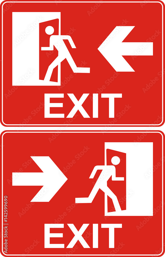 Red exit sign. Emergency fire exit door and exit door. Label with human