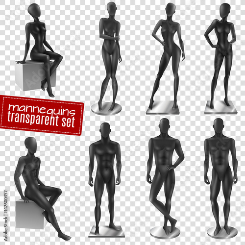 Mannequins Black Realistic Transparent Background Set
