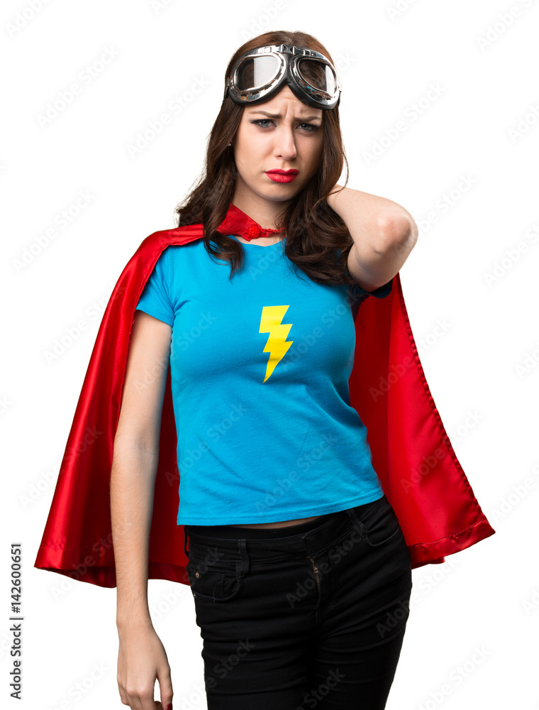 Pretty superhero girl with neck pain Pretty superhero girl with neck pain