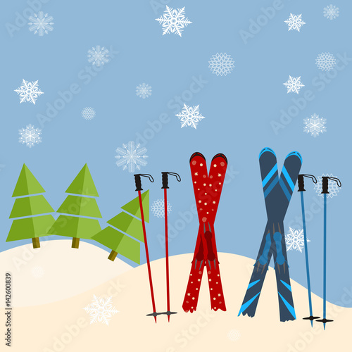 skis stick out of snow before a spruce. invitation to the ski resort concept. Vector illustration