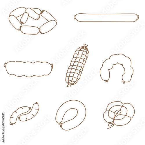 A set of sausages on a white background. The sketch drawn with a brush. Grocery design.