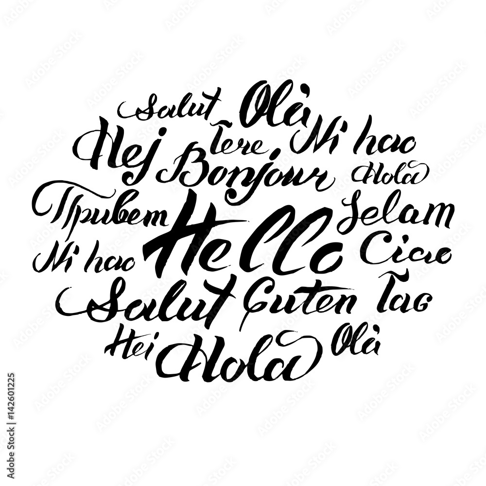 Vector hand lettering text Hello written in different languages ...