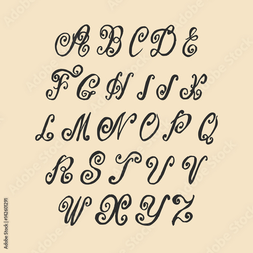 Vector hand written old swirl lettering alphabet. Vintage calligraphy letters.