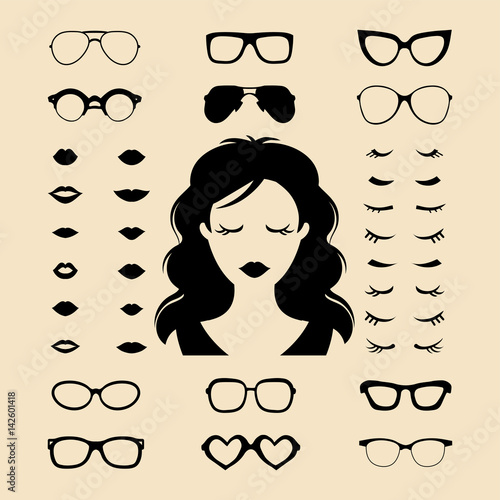 Vector set of dress up constructor with different woman eyelashes,glasses,lips in flat style. Female faces icon creator.