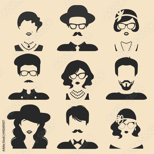 Vector set of different male and female icons in trendy flat style. People faces or heads collection.