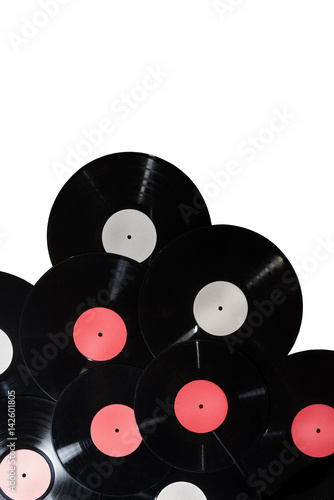 Many vinyl discs red and white label