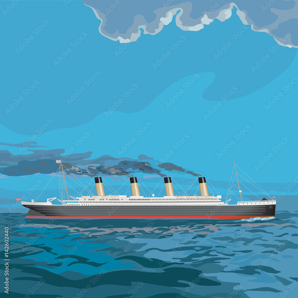 Technical illustration of a steam cruise ship, smoke stacks billowing, sailing across the ocean. 
