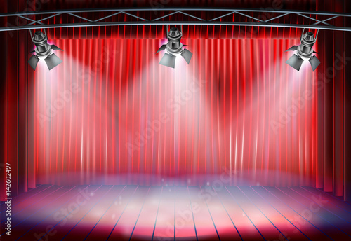 Theater stage with red curtain. Vector illustration.