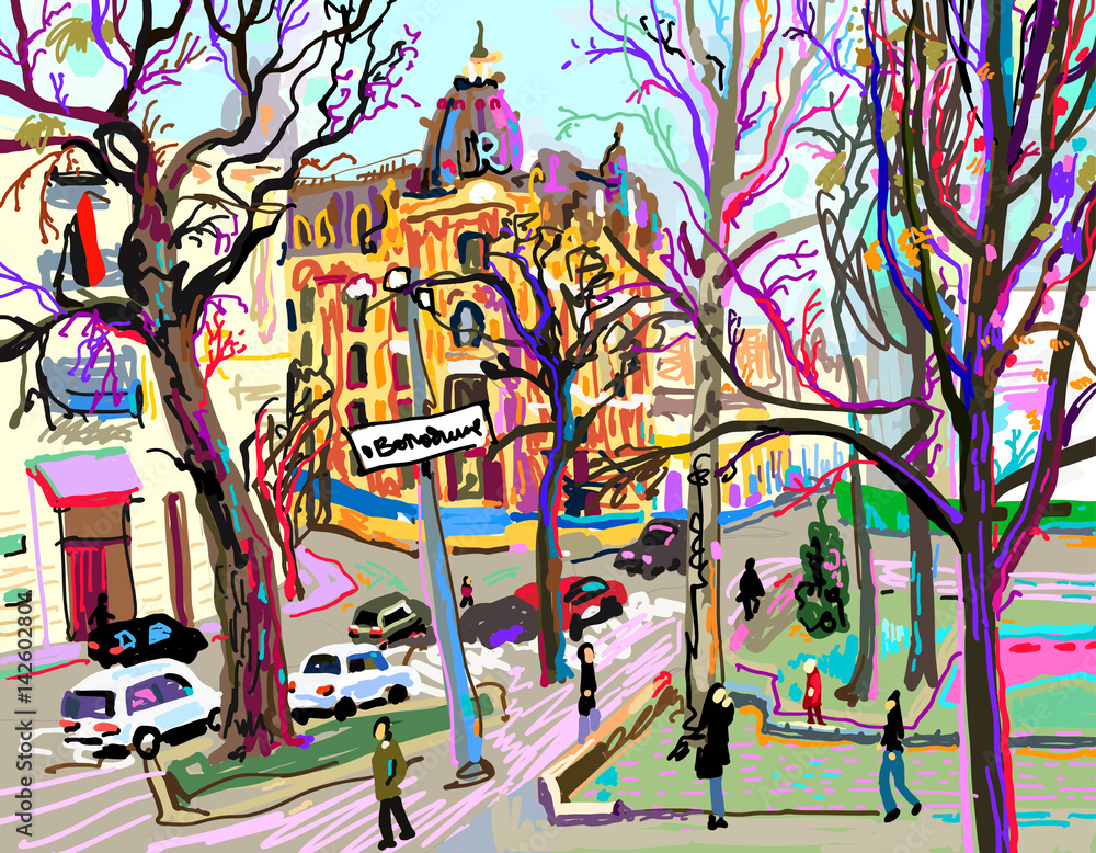 digital plein air painting of Kiev street cityscape in spring digital plein air painting of Kiev street cityscape in spring