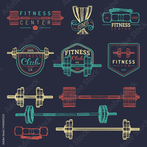 Vector fitness logos set. Hand sketched athletic signs. Gym emblems illustration. Sporting club icons for badges etc.