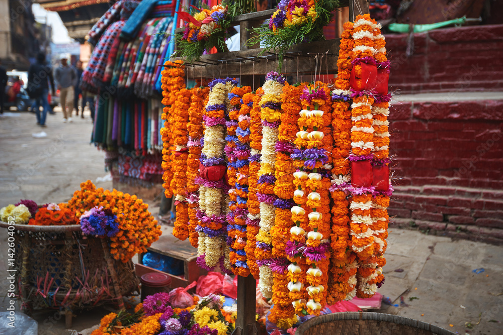 Hanging hindu Marigold necklaces for sale at the street of Kathmandu