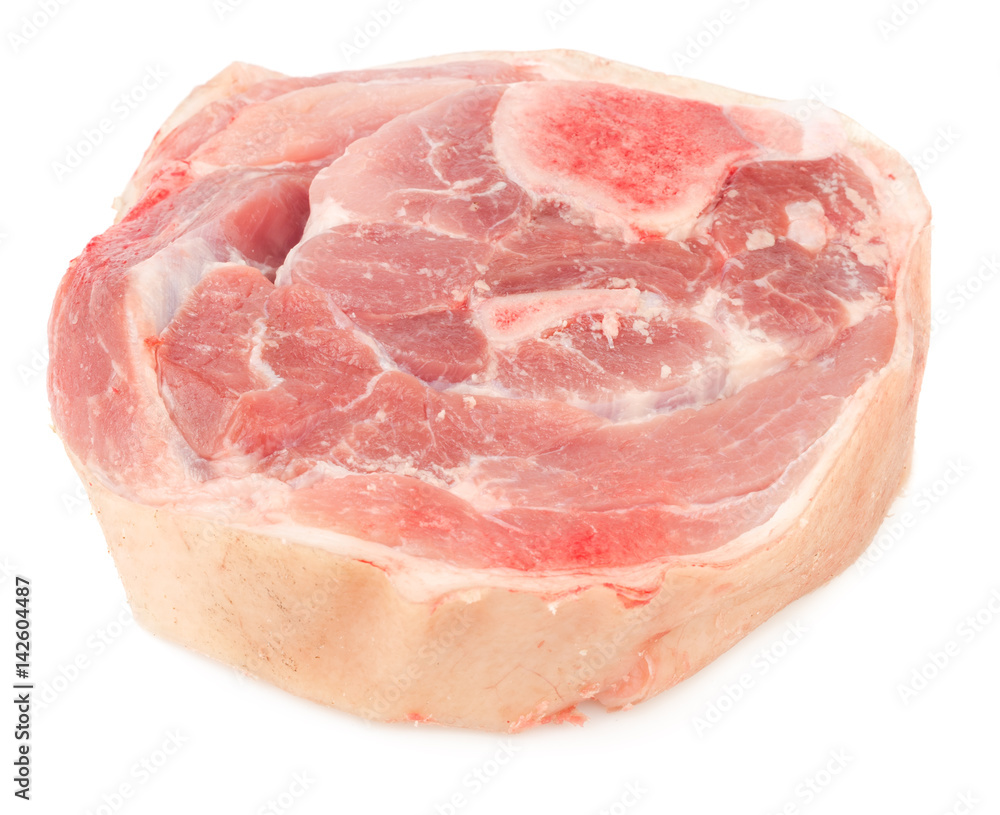 Raw pork meat with bone and skin isolated Raw pork meat with bone and skin isolated