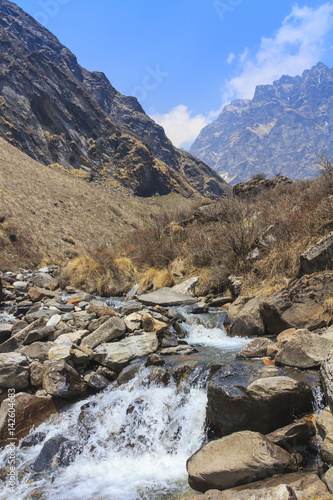 River and Himalaya mountain valley of Annapurna basecamp trekking trail, Nepal
