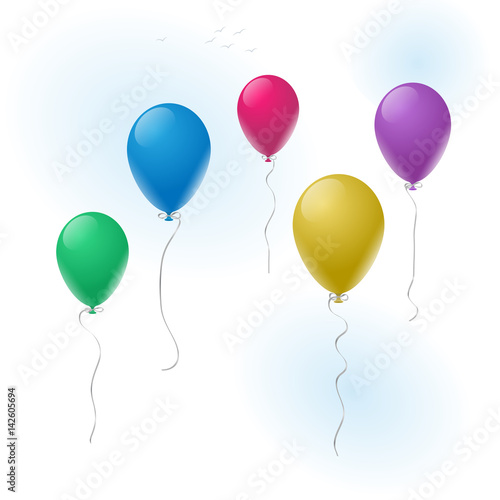 Collection of five different colored flying party balloons in the sky. Easy to use for your design with transparency.