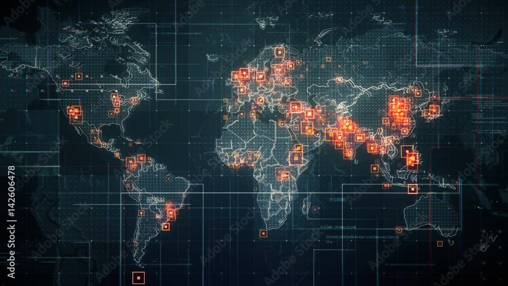Black World Map with Lines Rollback Camera. Black World map with visual effects,square indicators and animated lines in different places. Black World Map with Lines Rollback Camera. Black World map with visual effects,square indicators and animated lines in different places.