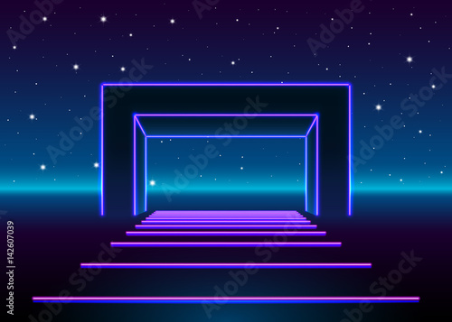 Neon 80s styled massive gate in retro game landscape with shiny road to the future