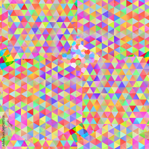 Seamless pattern with gainbow colored glitch styled bright messy shapes