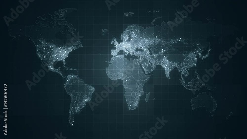 Global Grey World Map Loop. This animated World map with visual effects and glowing connections in different places on the map.