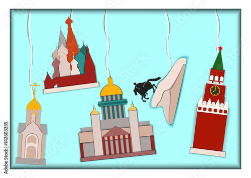 Paper applique style vector illustration.Card with application of Basils Cathedral,Kremlin,Isaac's Cathedral, monument to Peter the Great The copper rider and Chapel of St. Nicholas the Wonderworker.