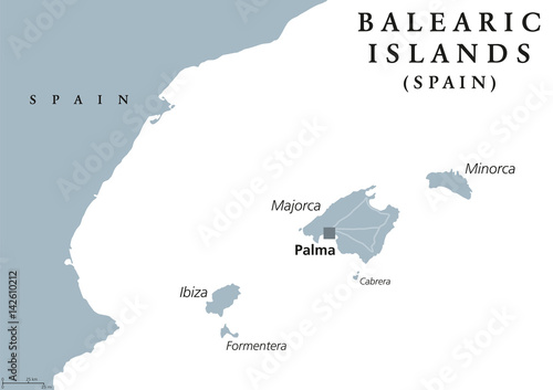 Balearic Islands political map with capital Palma. Majorca, Minorca, Ibiza, Formentera. Spain autonomous community in Mediterranean Sea. Gray illustration on white background. English labeling. Vector photo