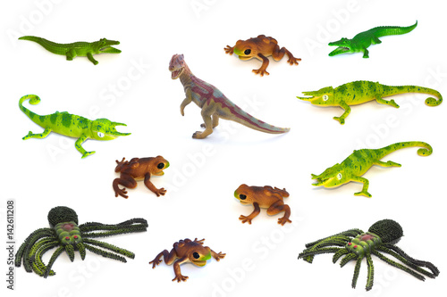 Collage of toy animals isolated on white background