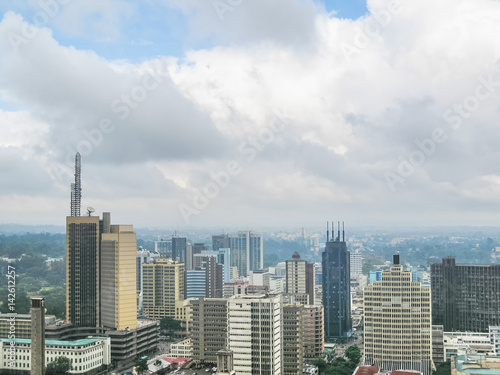 Central business district of Nairobi capital of Kenya. Panorama viewed from helipad on the roof of Kenyatta International Conference Centre (KICC) 30-storey building the highest point in the city. 