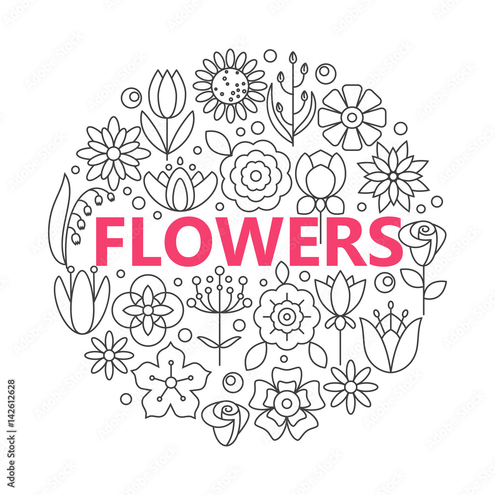 Flower icons with outline style vector design elements.