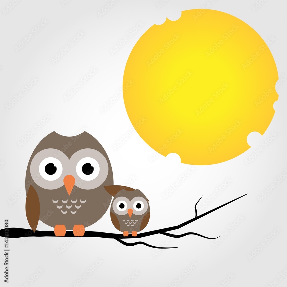 Obraz premium Father and son owl Perched on a branch in a full moon